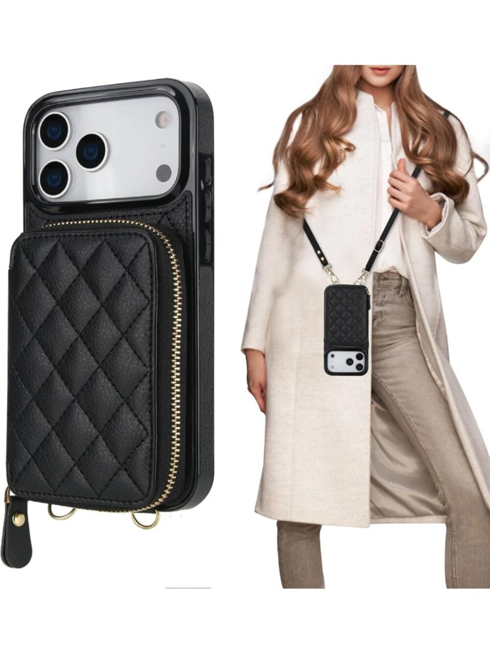 Stylish Crossbody Wallet Case & Card Holder for iPhone 17 Pro Max - Black
